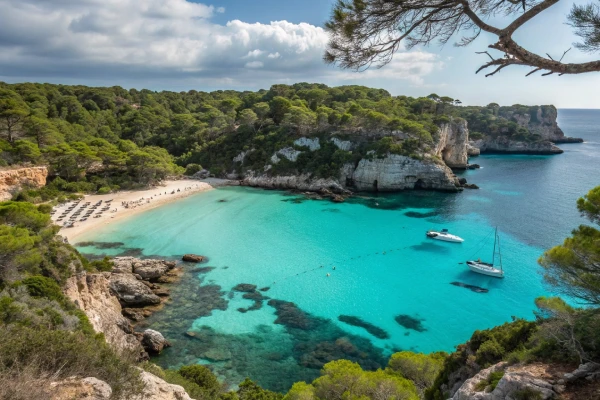 Cala Macarella in Menorca with turquoise waters, limestone cliffs, and white sandy shores.