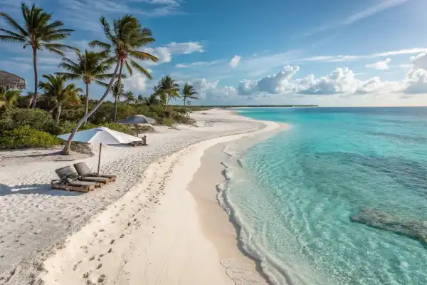 Grace Bay Beach in Turks and Caicos with white sand and clear blue waters.