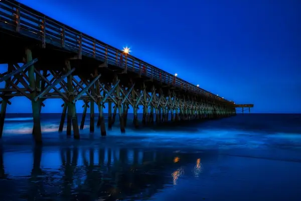 Wide stretch of Myrtle Beach with golden sand, gentle waves, and a vibrant boardwalk in the background