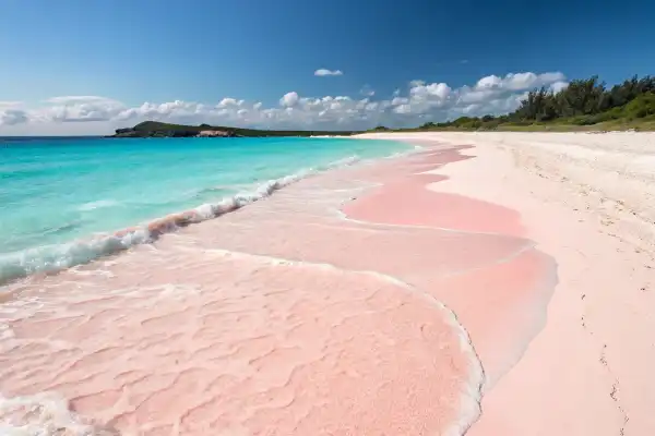 Pink Sand Beach in the Bahamas with pastel pink sands and turquoise waves.