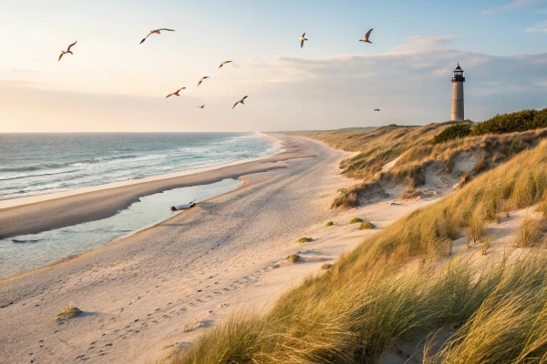 Lighthouse view and calm shores at Cape Lookout National Seashore, North Carolina