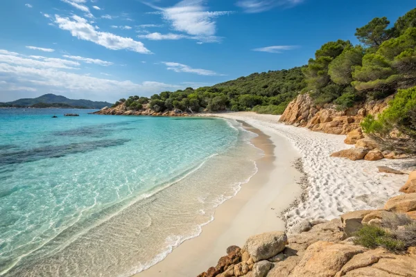 Spiaggia del Principe in Sardinia with white sands, turquoise waters, and lush greenery.