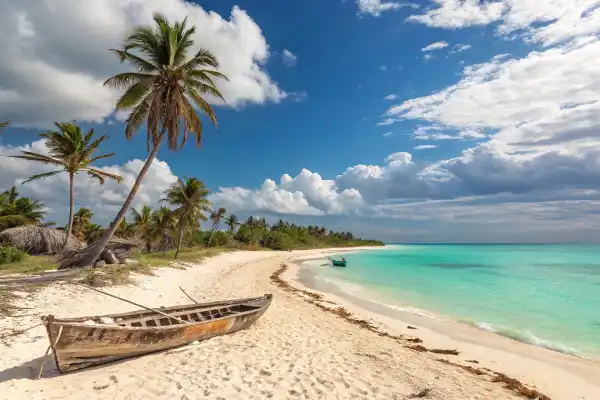 Varadero Beach in Cuba with golden sands, turquoise waters, and a Cuban fishing boat.