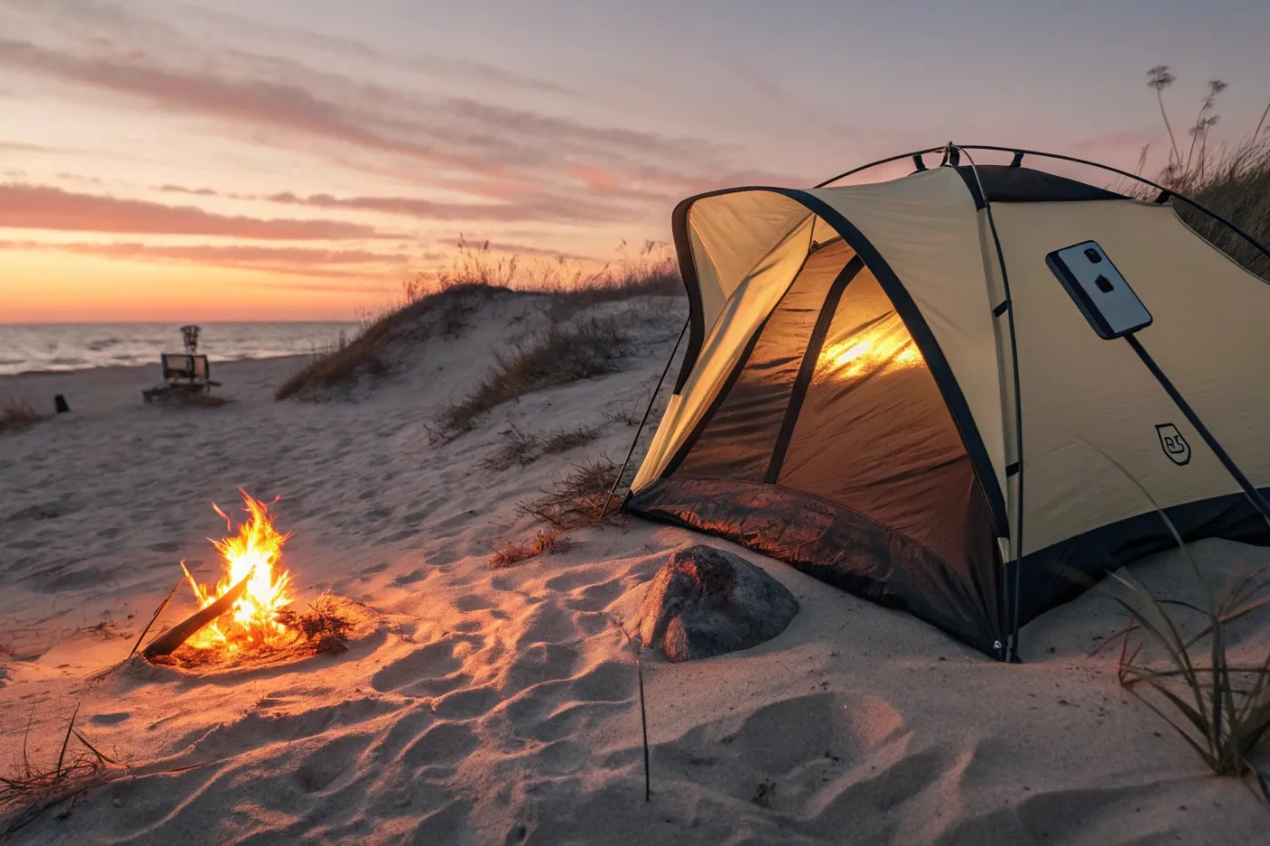 Beach camping setup with tent and sunset.