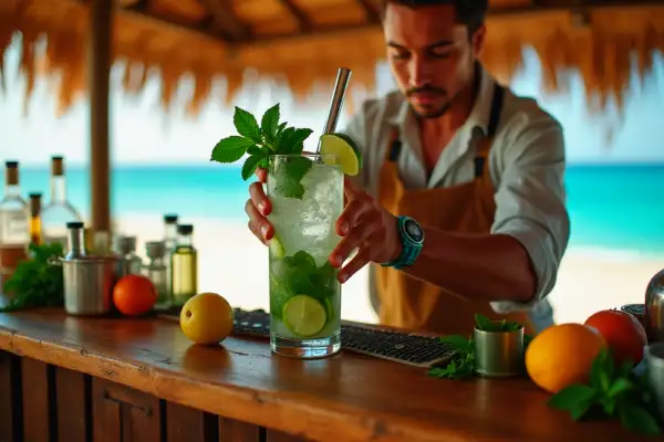 A bartender at a rustic beachside bar, mixing a mojito with fresh mint leaves