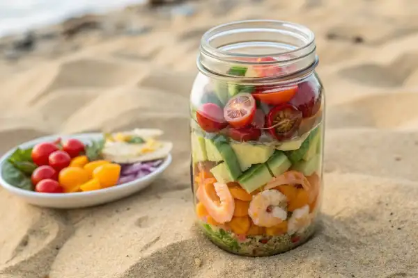 Mason jar salad for a beach picnic.