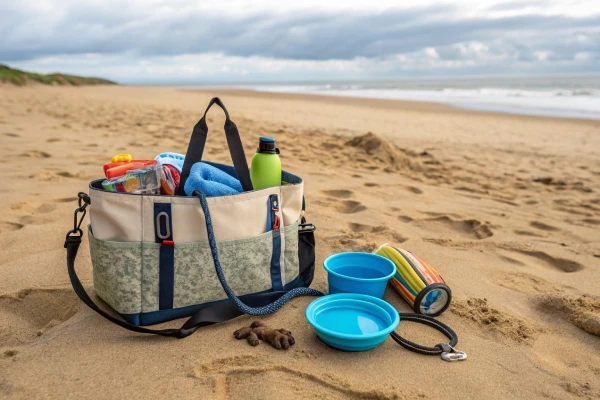 Beach bag with dog essentials like leash, water bowl, and toys – dog friendly beaches