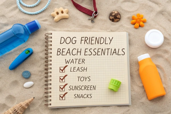 Checklist of dog-friendly beach essentials with items like water, leash, and sunscreen – dog-friendly beaches.