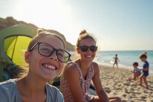 Family beach camping with children playing by the water