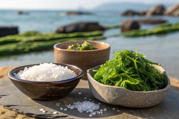 Fresh seaweed and natural sea salt by the seaside.