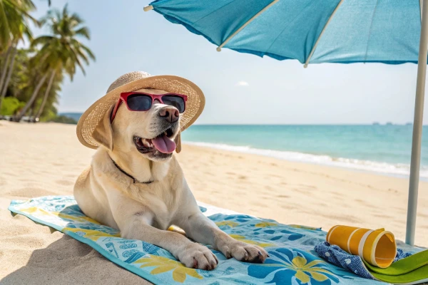 Labrador wearing a sun hat and sunglasses relaxing on a towel – dog safety at the beach.