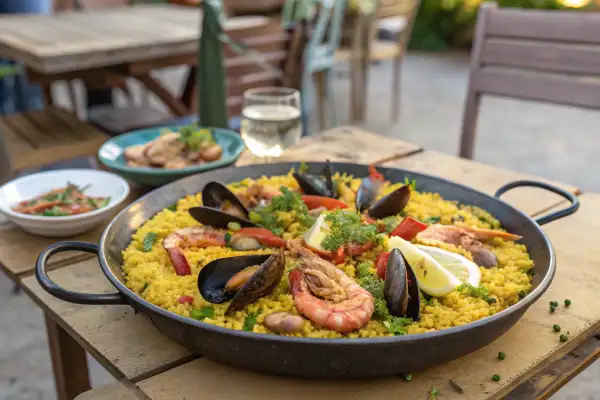 Seafood paella with saffron rice and mussels.