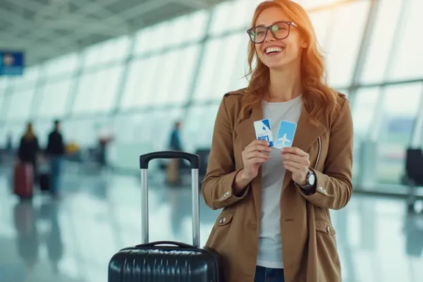 Traveler holding airline loyalty cards at an airport.