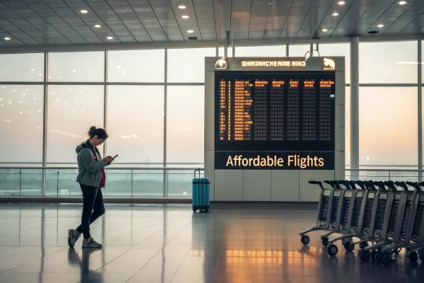 Traveler checking flight times on a phone at an airport terminal.