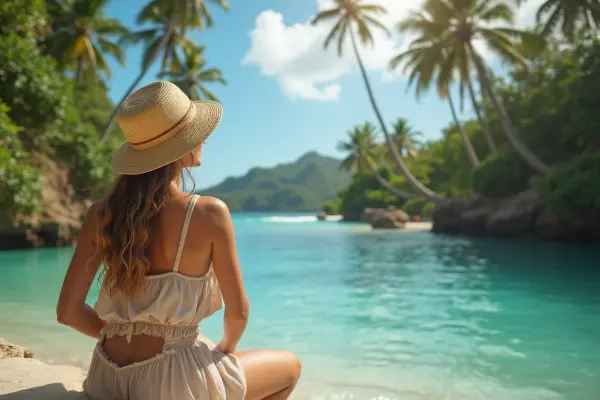 Solo female traveler relaxing on a tropical beach.