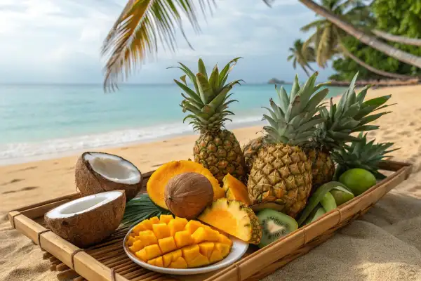  Tropical fruits like mangoes, coconuts, and pineapples by the beach.