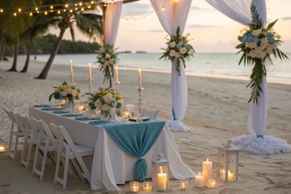 A beautifully decorated beach wedding reception table with candles