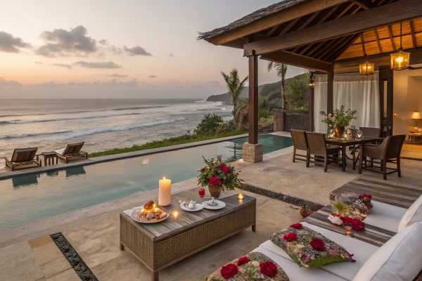 Luxurious beachfront villa with a private pool, ocean views, and a party-ready outdoor lounge.