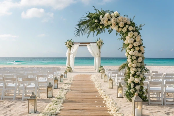 A stunning beach wedding ceremony setup with a floral arch, white chairs, and a wooden aisle on the sand.