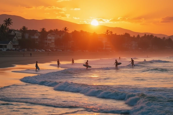 Surfers and a vibrant sunset at Mancora Beach in Peru, showcasing affordable beachfront accommodations.