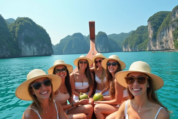 Group of women on a traditional Thai longtail boat in Phuket, enjoying scenic island views and emerald waters.