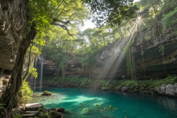 Women swimming in a crystal-clear cenote in Tulum, surrounded by lush jungle and limestone walls.