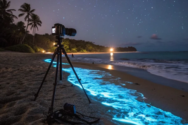 Night photography setup capturing bioluminescent beach glow