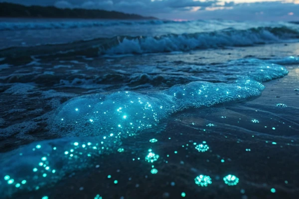 glowing bioluminescent plankton in water