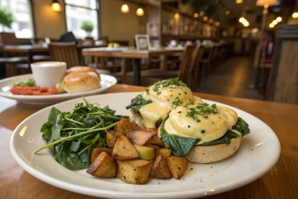 Vegan eggs Benedict with crispy potatoes at Hart N Soul Vegan Cafe in Long Beach.