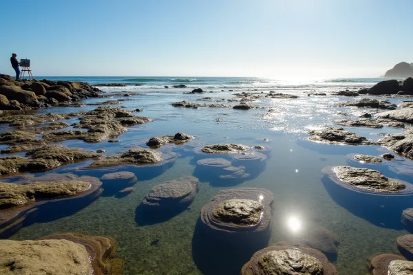 Laguna Beach tide pools with crystal-clear water, ocean waves, and an artist painting near the shore