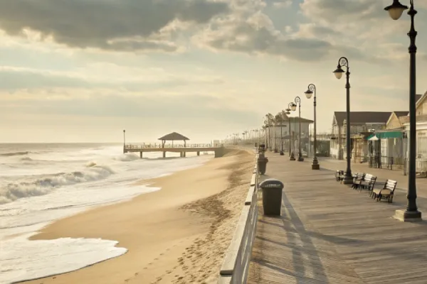 Rehoboth Beach with a classic wooden boardwalk, vintage lampposts, and pristine white sand