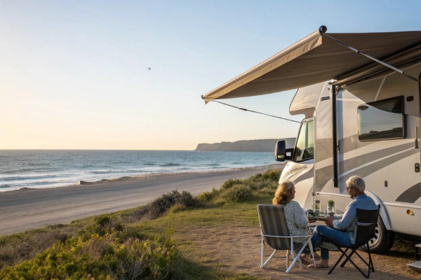 Couple enjoying coffee outside their RV with a beach view