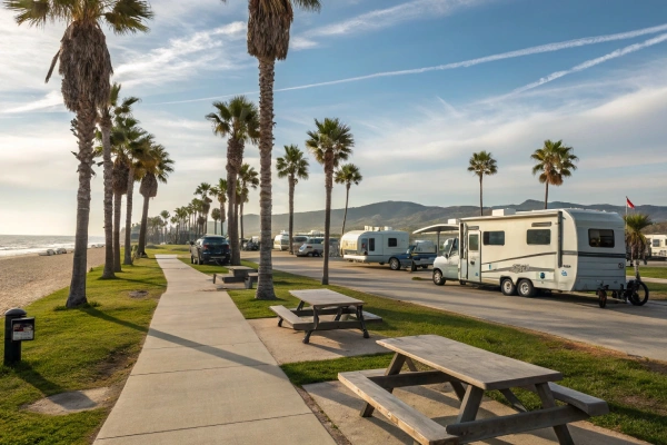 RV campground with full hookups and beach access