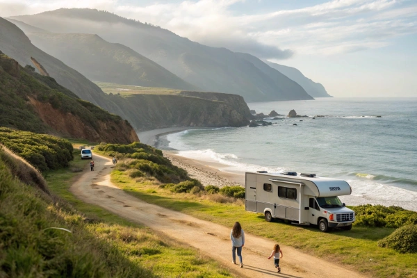 RV parked near a scenic coastal cliff overlooking the ocean