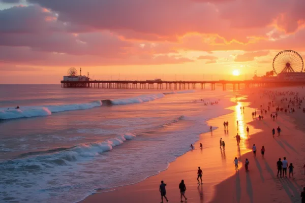 Santa Monica Beach with the iconic Ferris wheel at sunset, surfers in the water, and families on the pier