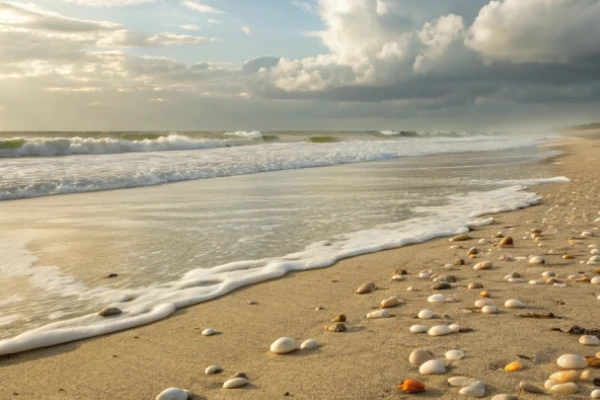 Shell Beach shoreline after a storm, with freshly washed-up seashells and a lone beachcomber searching for treasures.