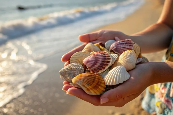 Hands holding colorful seashells collected at Shell Beach