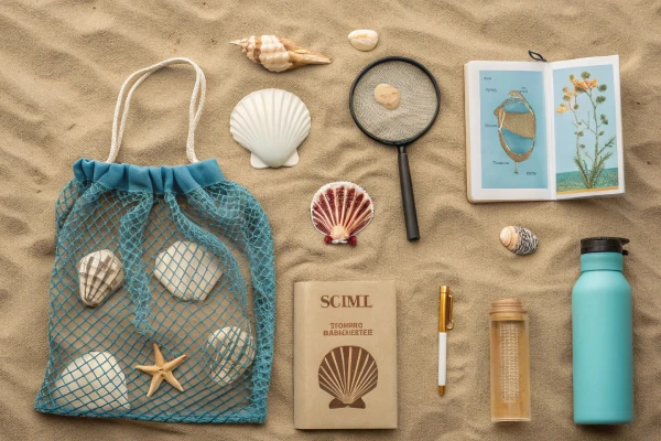 Shell-hunting essentials for a trip to Shell Beach, including a collection bag, magnifying glass, and sunscreen.