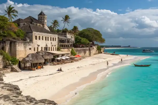 Zanzibar beach with powdery white sands, clear blue water, and Swahili cultural elements